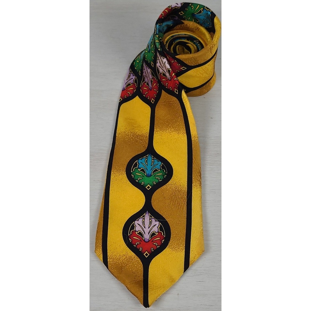 Rush Limbaugh No Boundaries Silk Tie Yellow Stained Glass Floral Geometric Wide
